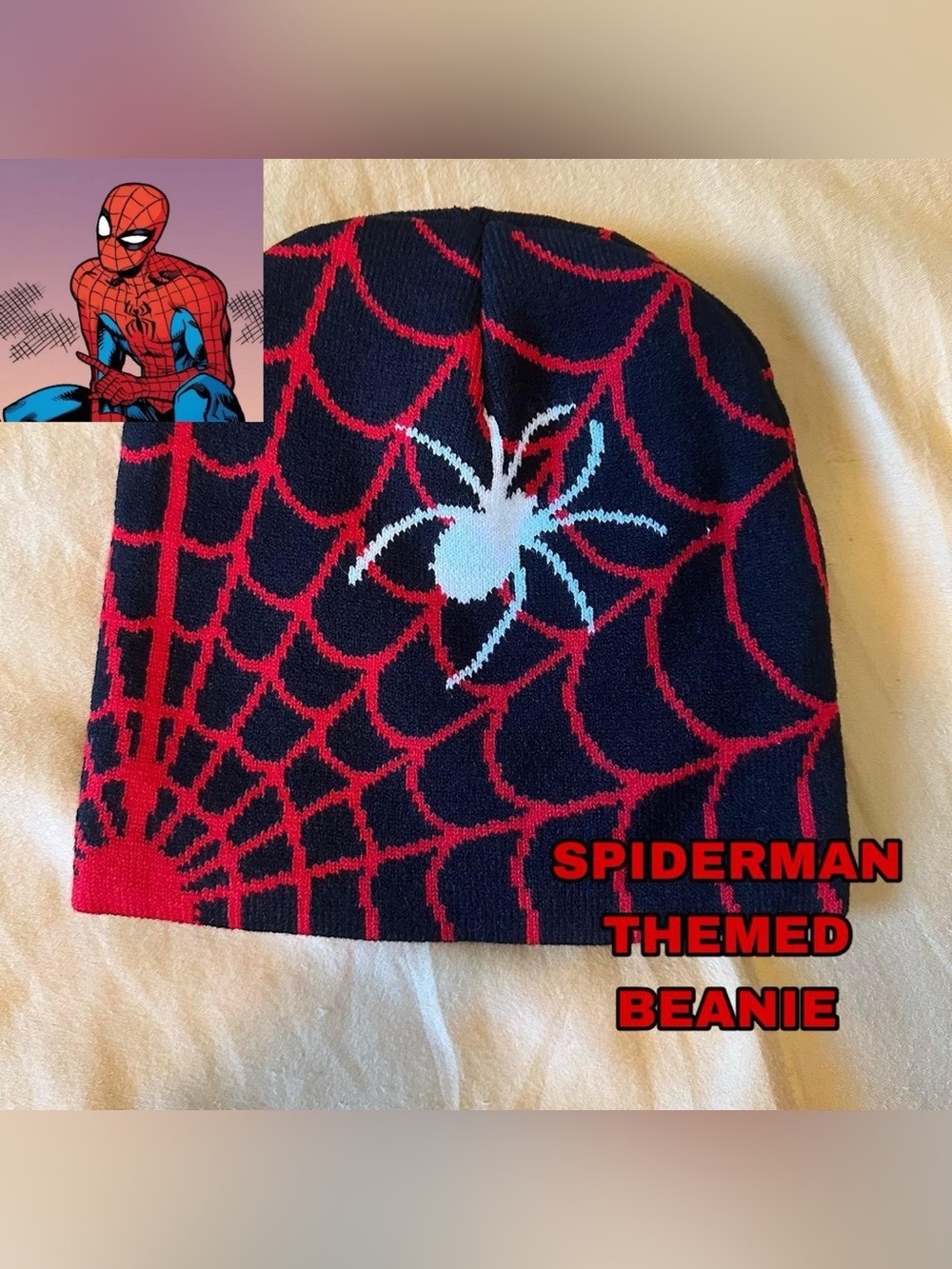 Black white and red spider man beanie. Very soft.
